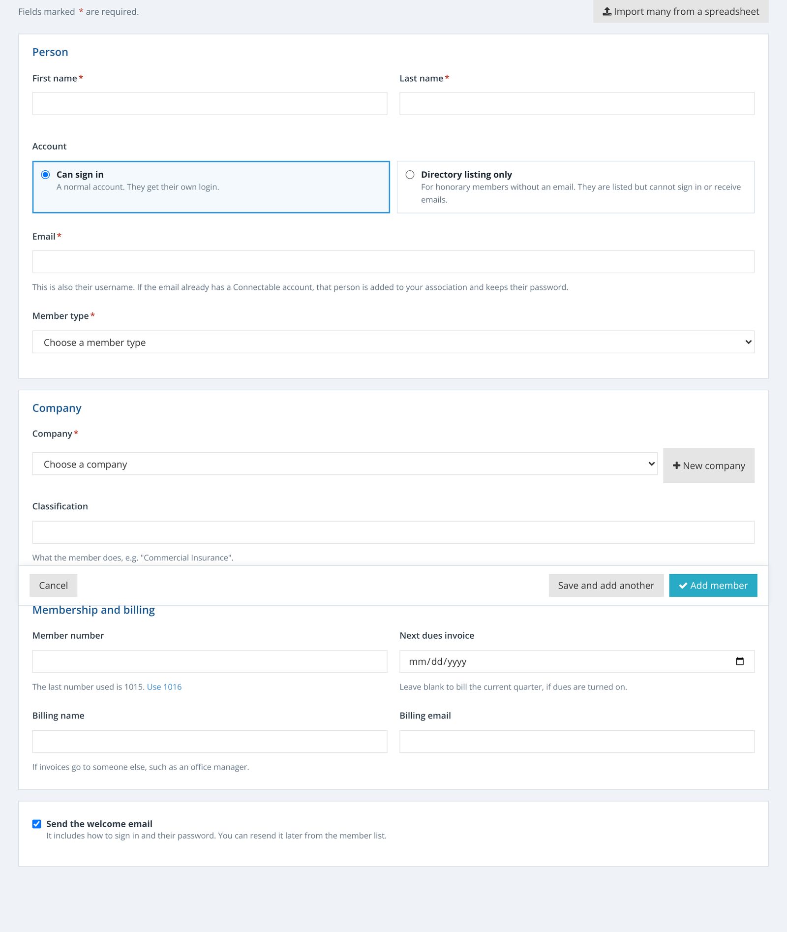The Add Member form, with person, company and billing sections and an import button.
