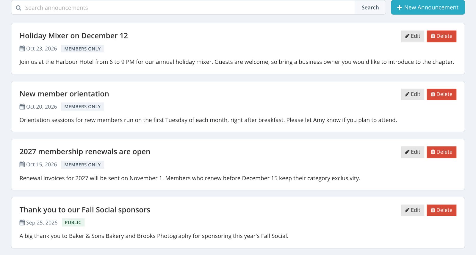 Manage Announcements, listing members-only and public announcements.