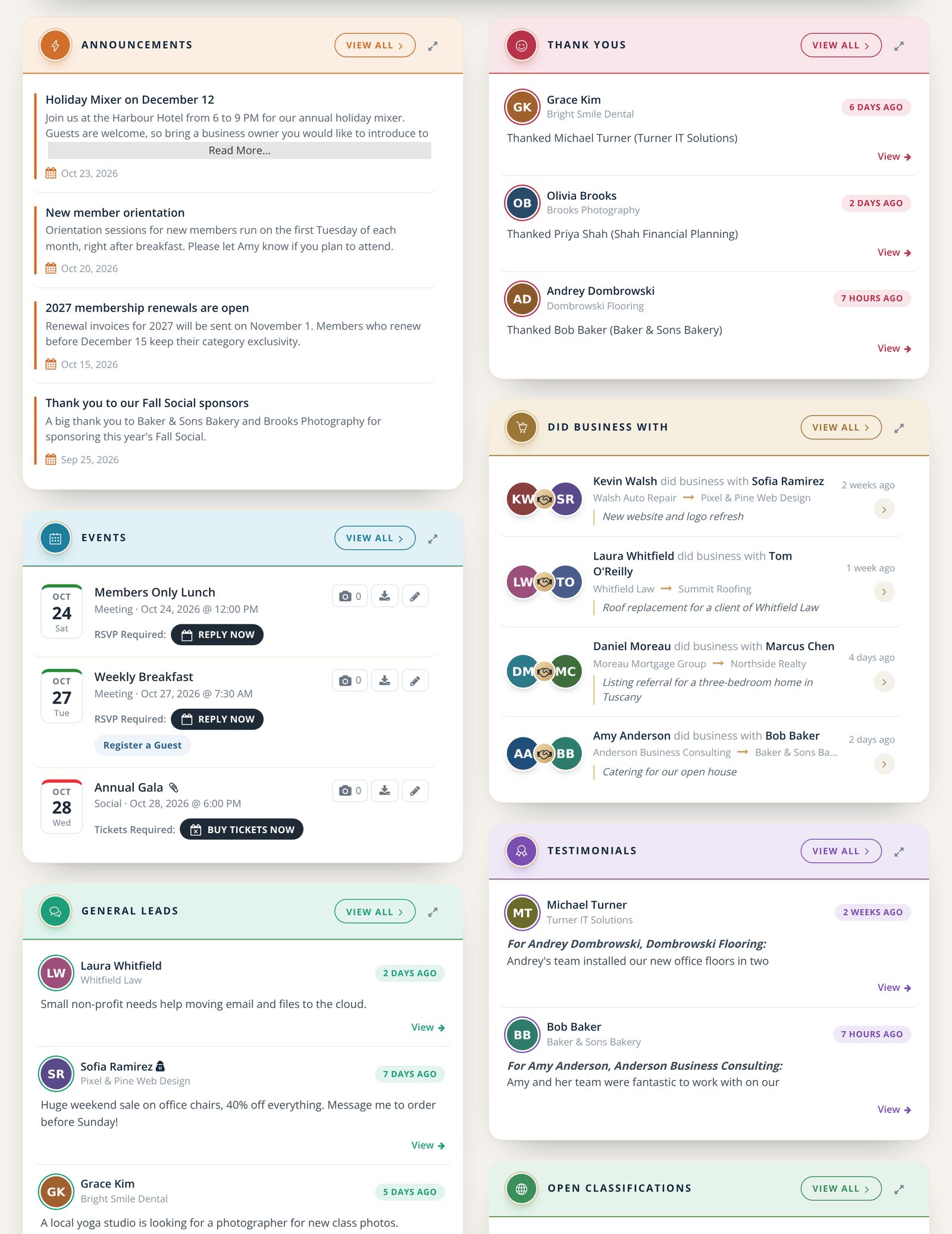Dashboard tiles for announcements, thank-yous, business done, events, general leads and the notice board.