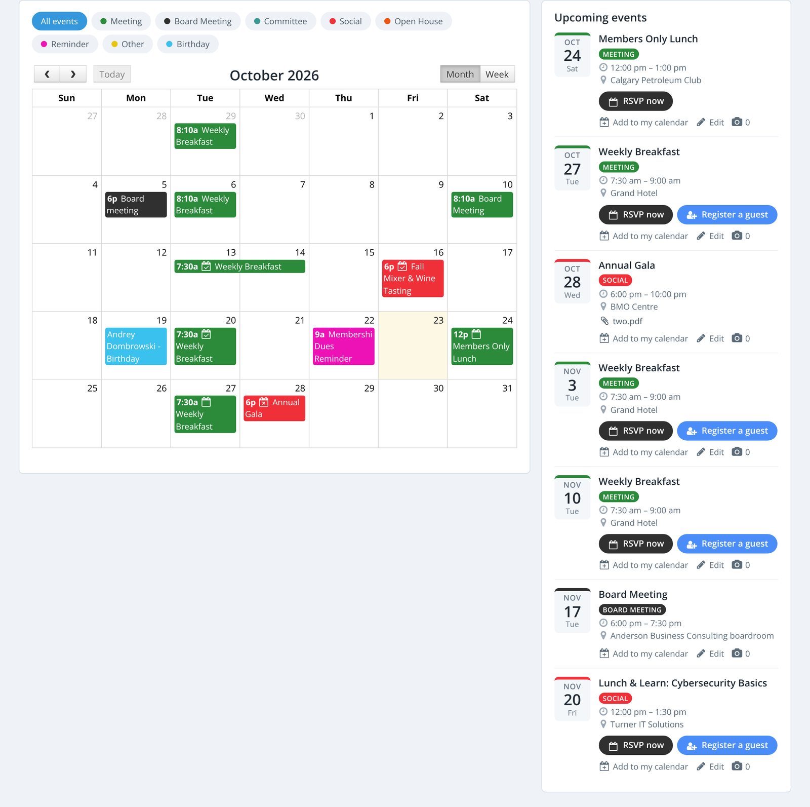 The Events Calendar with colour-coded event types and a list of upcoming events with RSVP buttons.